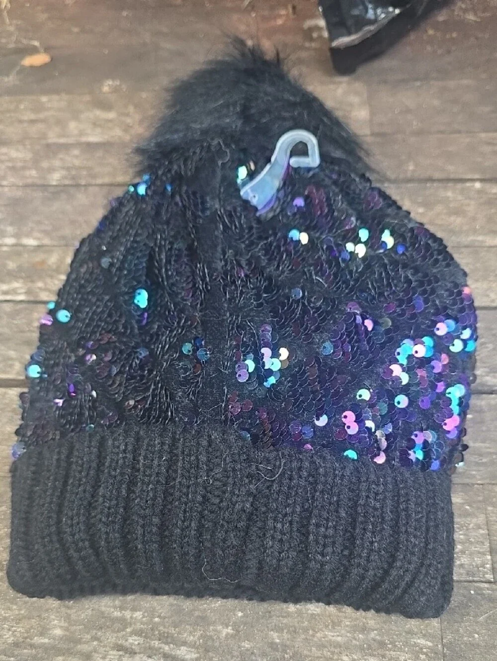 Justice Black Sequin Pom Beanie with Matching Black Touchscreen Gloves